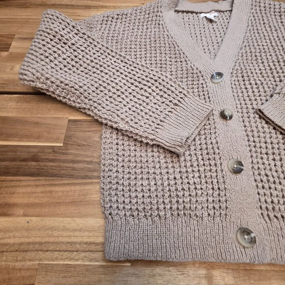 Cat & Jack Girls L 10/12 Taupe Waffle Knit Button Front Cardigan Sweater